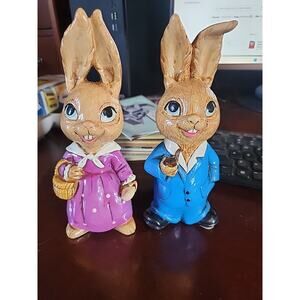Vintage Mr. & Mrs. Bunny Rabbit Easter Chalkware Figurines Decor 1970’s